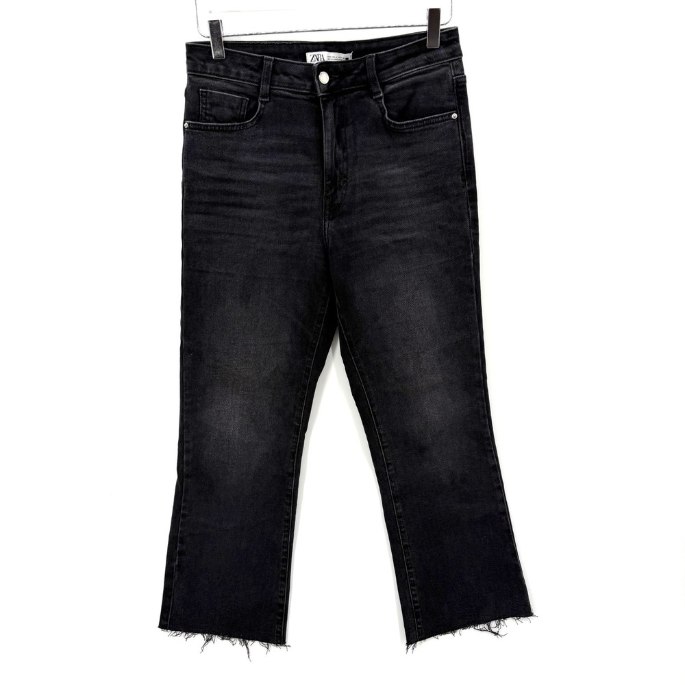 Zara Crop Raw Hem Straight Leg Jeans Size 6 Black High Rise Denim